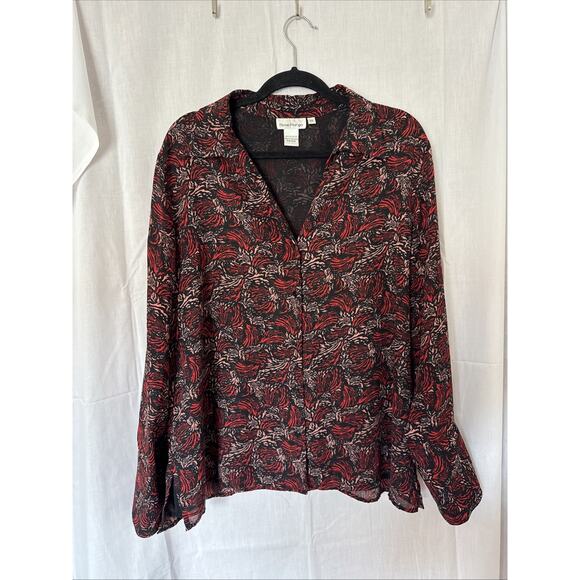 Rene Margo Women's Semi-Sheer Blouse, Size 2X Button Down Red Pattern - Picture 1 of 7